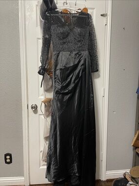 Black Long Sleeve Sequin Bodice Satin Skirt Evening Dress